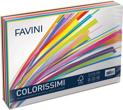 FAVINI® – 240 Vel Colorissimi – B4 – 250 × 350 mm – 220 g/m² – 12 Levende Kleuren – Opgeruwd Oppervlak – Pastels & Collage – Gemaakt in Italië