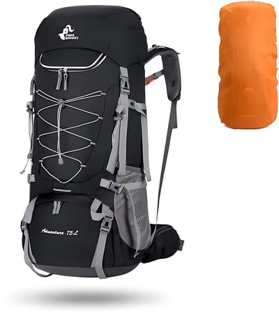 CarryQuest® - 75L Camping Backpack - Waterbestendige Nylon Rugzak met Regenhoes - Schoenenvak - Waterzakuitgang - Rugventilatie - Verstevigend Frame - 80x22x32 cm - Zwart
