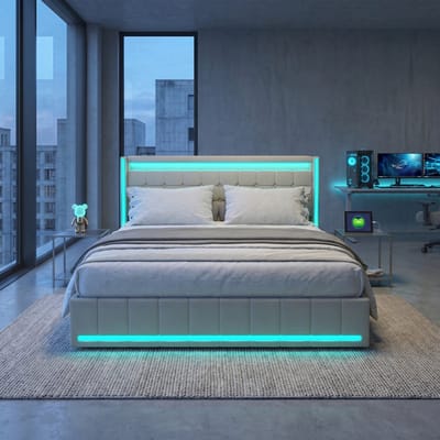 Bed 180x200 Tweepersoons Beige Linnen – Met 4 Lades, LED, Hoofdbord en USB Opladen – Slaapkamer Bed