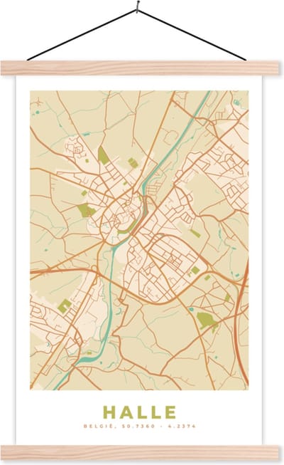 Posterhanger incl. Poster 40x60 cm - Schoolplaat - België - Kaart - Plattegrond - Stadskaart - Halle - Textielposter - Blanke latten - Stadskaart