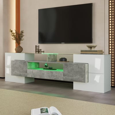 REDOM TV-meubel 200x35x60 cm van MDF en glas, hoogglans wit en beton, met LED-verlichting en veel opbergruimte
