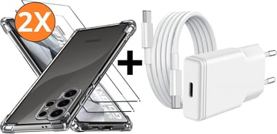 USB C Adapter oplader - USB C Snellader 20W Met 1m Kabel - Hoesje Geschikt voor Samsung Galaxy S26 Ultra 5G transparant Anti Shock silicone met 2x screenprotector- Ntech COMBI-SET