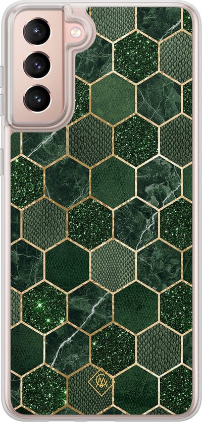 Casimoda® hoesje - Geschikt voor Samsung Galaxy S21 - Kubus Groen - 2-in-1 case - Schokbestendig - Geometrisch patroon - Verhoogde randen - Groen, Transparant