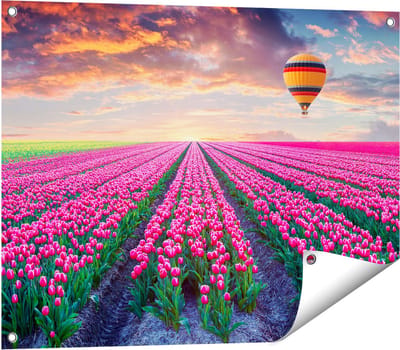 Gards Tuinposter Bloemenveld met Roze Tulpen - Luchtballon - 80x60 cm - Tuindoek - Tuindecoratie - Wanddecoratie buiten - Tuinschilderij