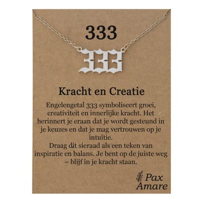 333 Engelen Getal Ketting op Cadeau Kaartje - Zilverkleurig - Stainless Steel Spirituele Hanger - 45cm + 5cm verstelbaar - Pax Amare