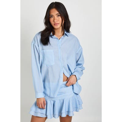 boohoo Dames Geplooid Minirokje Met Ruches Zoom En Streepprint | Blauw | Maat: 34