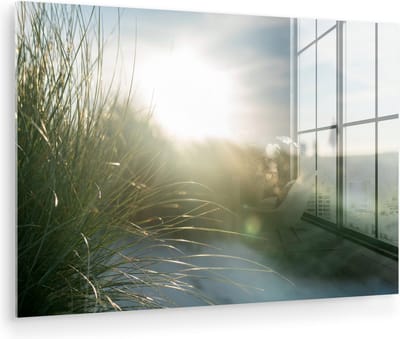 MuchoWow® Glasschilderij 150x100 cm - Schilderij acrylglas - Strand - Duin - Zon - Foto op glas - Muurdecoratie woonkamer - Wanddecoratie slaapkamer - Schilderijen