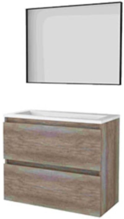 Basic-Line Framed 39 Badkamermeubelset - Ondiep - 80 x 39 cm - Greeploos - 2 Lades - Acryl Wastafel - Zonder Kraangat - Spiegel met Zwart Aluminium Frame - Scotch Oak