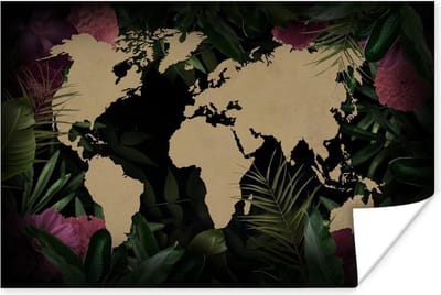 Poster 30x20 cm - Wereldkaart - Bloemen - Bladeren - Posters - Kamer decoratie - Wanddecoratie woonkamer - Muurdecoratie slaapkamer