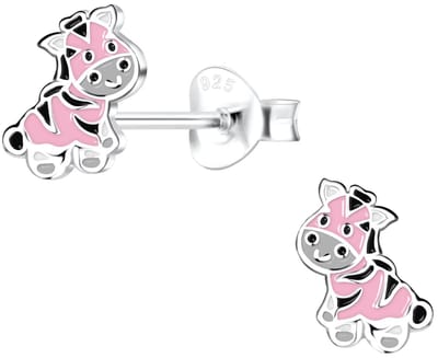 Joy|S - Zilveren zebra oorbellen - roze zwart - 5 x 8 mm - kinderoorbellen