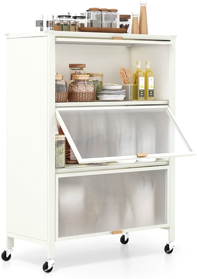 COSTWAY Keukenrek met 4 niveaus, magnetronstandaard met opklapbare pc-deuren en afneembare achterwand, keukenkast van metaal, staand rek voor keuken, eetkamer, woonkamer, wit