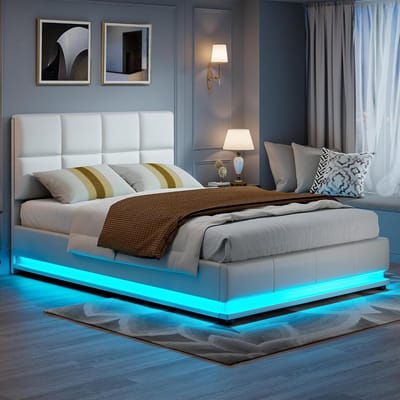 Gestoffeerd bed 140x200 met LED-verlichting en opbergruimte, modern tweepersoonsbed met lattenbodem