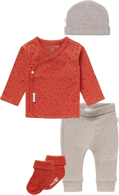 Noppies - Kledingset - 4delig - Broek Naura Taupe - Overslagshirt Lyoni Ginger - Muts Nevel taupe - 1 paar sokjes - Maat 68