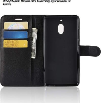 DrPhone Flipcover - Bookcase - Luxe booktype PU Lederen Portemonnee Case - Geschikt voor Nokia 2.1 - Wallet Case met Kickstand - Zwart