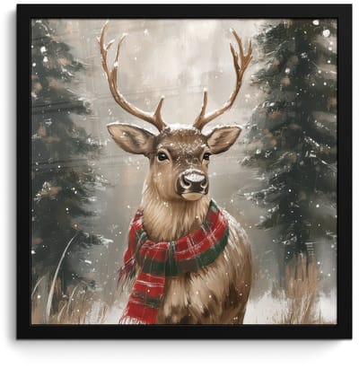 Poster in lijst - Fotolijst 40x40 cm - Posters - Winter - Bos - Rendier - Donker - Posterlijst zwart - Decoratie - Wanddecoratie woonkamer - Muurdecoratie slaapkamer