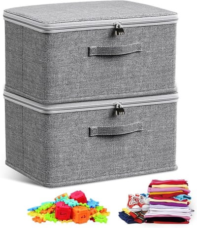 Opvouwbare Opbergmanden Set van 2 met Sleutel en Stoffen Deksel voor Speelgoed en Kleding - 30 x 20 x 14 cm (Grijs)