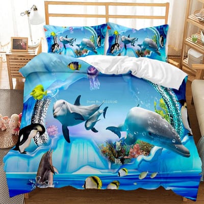 Queen & King Size 3D Onderwaterwereld Walvishaai Beddengoed Set met Dekbedovertrek en Kussensloop met Blauwe Achtergrond EU single(135x200cm)