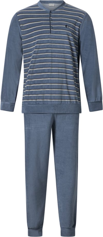 Gentlemen - warme heren badstof pyjama 114264 - knoophals - lichtblauw - maat M