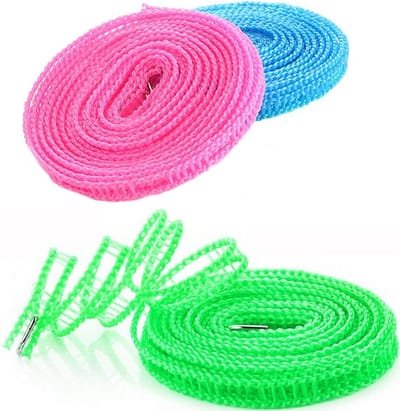 3 Stuks Camping Waslijn - Antislip Waslijn - Windbestendige Waslijn - 5 Meter Lang - Windscherm - Draagbare - Ook Zonder Boren - Roldrooglijn - Voor Kamperen, Reizen en Wassen (Binnen & Buiten) - Blauw, Roze, Groen