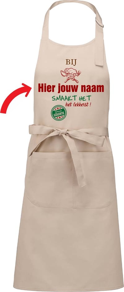 Naamcadeau - Naamschort - Keukenschort met je naam - Kookschort - verjaardag - moederdag - beige - het smaakt het lekkerst bij: naam naar keuze