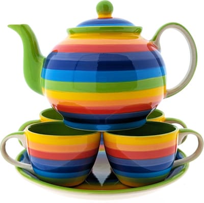 Theeset 6 delig regenboog gestreept - handgeschilderd - theepot 1000 ml - onderbord en 4 kopjes