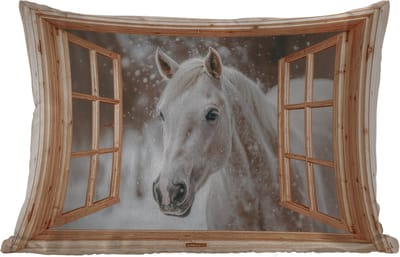 Buitenkussens - Tuin - Doorkijk - Paard - Wit - Winter - Sneeuw - Dieren - 50x30 cm