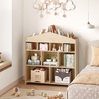 Kinderboekenrek en speelgoedopbergmeubel in huisvorm van hout – meerlaags opbergsysteem met 9 of 15 vakken – stevig educatief boekenrek voor speelkamer, babykamer en kinderkamer – veilig en eenvoudig te monteren