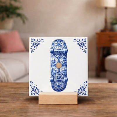 Delftsblauw Tegeltje 11x11 Skateboard – Sportieve Wanddecoratie Cadeau