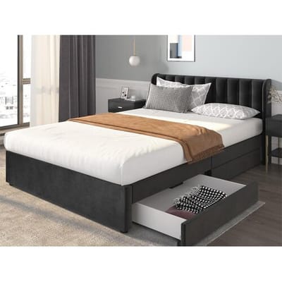 Merax Bed met 2 lades - 140 x 200 cm - fluweel - lattenbodem - kleur zwart