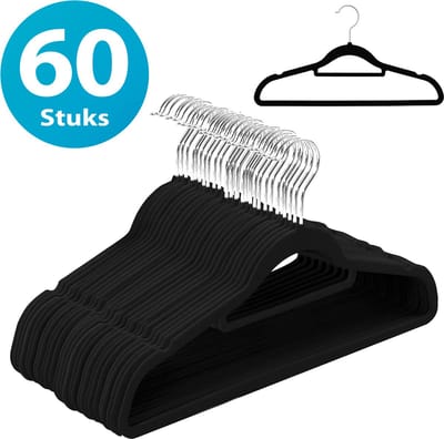 Kledinghangers - Kleerhangers - Broekhanger - 60 Stuks - Premium Fluwelen Anti-Slip Hangers met Broeklat - 360° Draaibare Haak, Ruimtebesparend en Duurzaam, Zwart