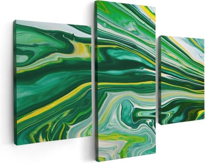 Artaza Canvas Schilderij Drieluik Abstracte Kunst - Groen met Gele Verf - 90x60 - Foto Op Canvas - Canvas Print