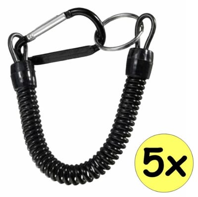 Uittrekbare Elastische Sleutelhanger Met Karabijnhaak - Uittrekbare Sleutelhanger Spiraal Medium - Uittrekbaar - Verend - 22.5cm - Zwart - 5 Stuks