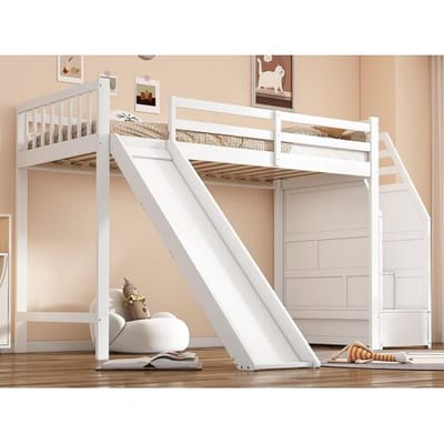 ModernLuxe Mezzaninebed 90x200cm in grenenhout - met glijbaan en opbergladder - Wit