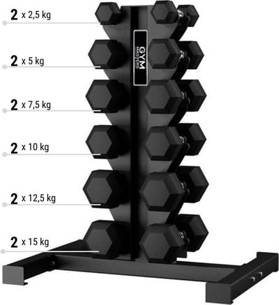 Gym Masters - Hexa Dumbbell Set 105 kg Zwart + Dumbbell Rek – Set van 2 Dumbbells per Gewicht (2,5 t/m 15 kg) – Opslag voor 12 dumbells– Thuis en Sportschool - Dumbbell rek - dumbell opslag