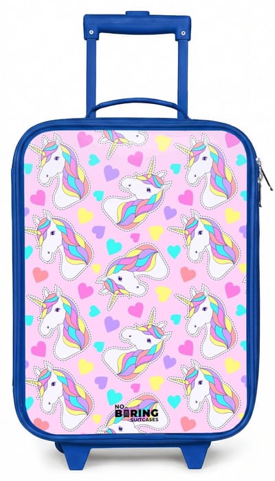 NoBoringSuitcases.com® - Kinderkoffer blauw - Kindertrolley jongen - Eenhoorn euforie - Koffer kind lichtgewicht - Reiskoffer trolley voor kinderen - Koffertje met lichtgevende wieltjes - Rolkoffer