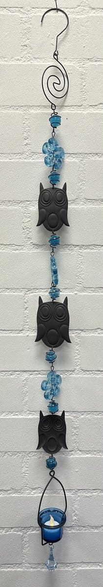 Deco theelichthouder "bloem + uilen" met metalen ketting - zwarte ketting & blauwe glazen stenen - lengte 120 cm - exclusief theelicht - Woondecoratie - Theelichthouder - Woonaccessoires