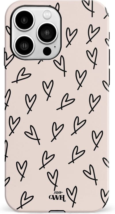 xoxo Wildhearts All Yours - Double Layer - Hoesje geschikt voor iPhone 16 Pro Max case - Siliconen hoesje met hartjesprint - Hartjes - Hardcover - Beschermhoes - Optimale bescherming - Dubbele beschermlaag - Beige - Zwart