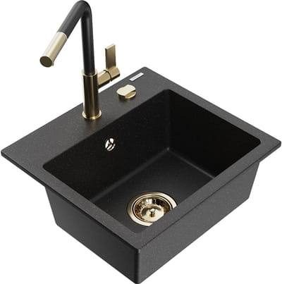 Mexen Milo granieten gootsteen met één bak en keukenkraan Flora, zwart/zilver metallic - 6505-73-670401-57-G