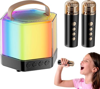 Draagbare Karaokemachine - Zanginstallatie Set - Feestelijke Muziekavond - Met Twee Microfoons - 12 x 12 x 12 cm - Zwart