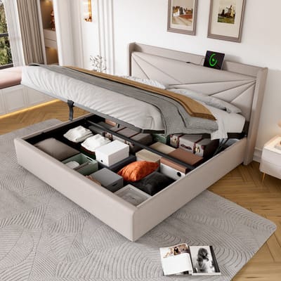 DESMIU Gestoffeerd Bed 140x200 cm – Tweepersoonsbed met USB en USB C Opladen – Opbergruimte Onder Lattenbodem – Voor Slaapkamer – Linnen – Beige – Zonder Matras