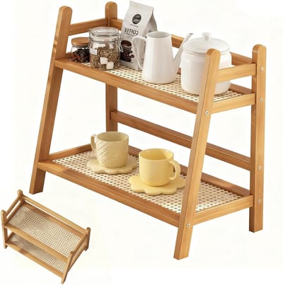 Cup Rack voor 2 Huisdieren, Keuken Organizer van Bamboe en Riet, Multifunctioneel als Kruidrek en Koffiepod Houder, 45 x 18 x 28.5 cm