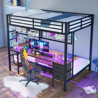 DESMIU Hoogslaper 140x200 cm – Bureau Met Ledverlichting En Usb – Laden, Planken En Hangrooster – Voor Jeugdkamer – Metaal – Zwart – Zonder Matras