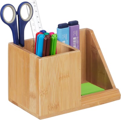 Famanu – Bamboe pennenbak met 2 vakken – voor kantoorartikelen & make-up – 10,5x17,5x10,5 cm