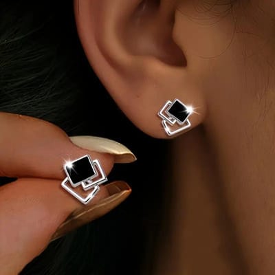 Boucles d'oreilles carrées géométriques argentées pour femmes Boucles d'oreilles hypoallergéniques élégantes Bijoux pour le quotidien Occasions noir