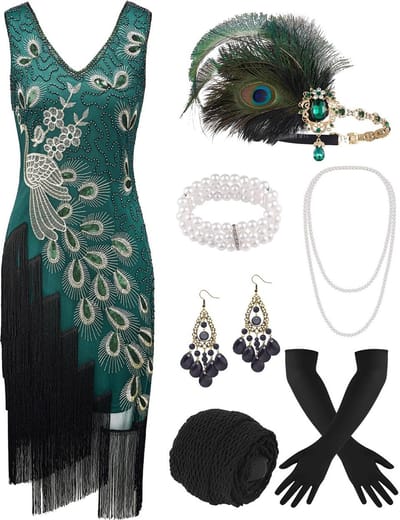 Dailygoods- Flapperjurk met Pailletten - Jaren 20 Jurk - Vintage Gatsby Stijl - Feestjurk - Inclusief Accessoires - Sexy V-hals met Franjes