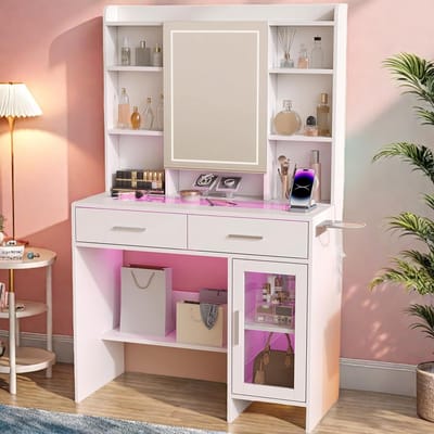 Kaptafel met spiegel - Schoonheidstafel bureau - Make-up aanbrengen - Geïntegreerd laadstation - 145 x 90 x 40 cm - Wit