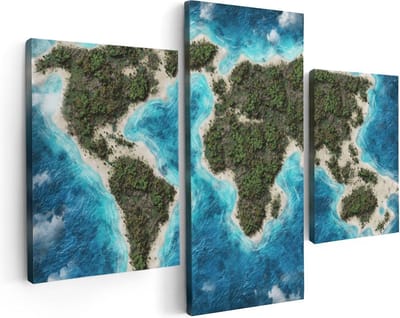Artaza Canvas Schilderij Drieluik Eilanden Wereldkaart - 90x60 - Foto Op Canvas - Canvas Print