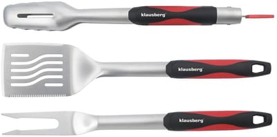 Klausberg KB-7899 Barbecue Set - 3-delige Grillset RVS met Plastic Handvatten (Spatel, Vork & Tang) - Leuke giftset voor de Kamado / Weber liefhebbers!