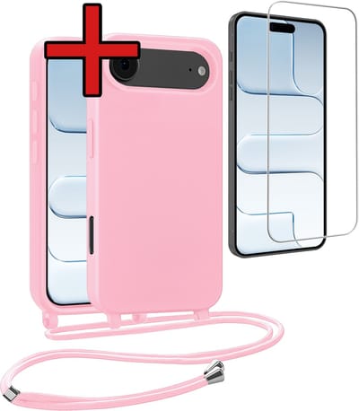 Hoesje Geschikt voor iPhone Air Hoesje Siliconen Case Met Koord Met Screenprotector - Hoes Geschikt voor iPhone Air Hoesje Backcover Met Telefoonkoord - Lichtroze
