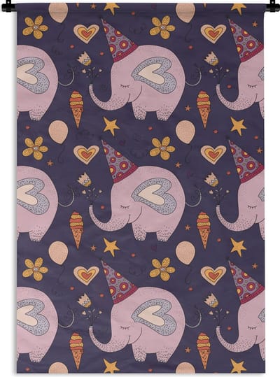 Wandkleed - Wanddoek - Verjaardag - Olifant - Bloemen - Patronen - 60x90 cm - Wandtapijt